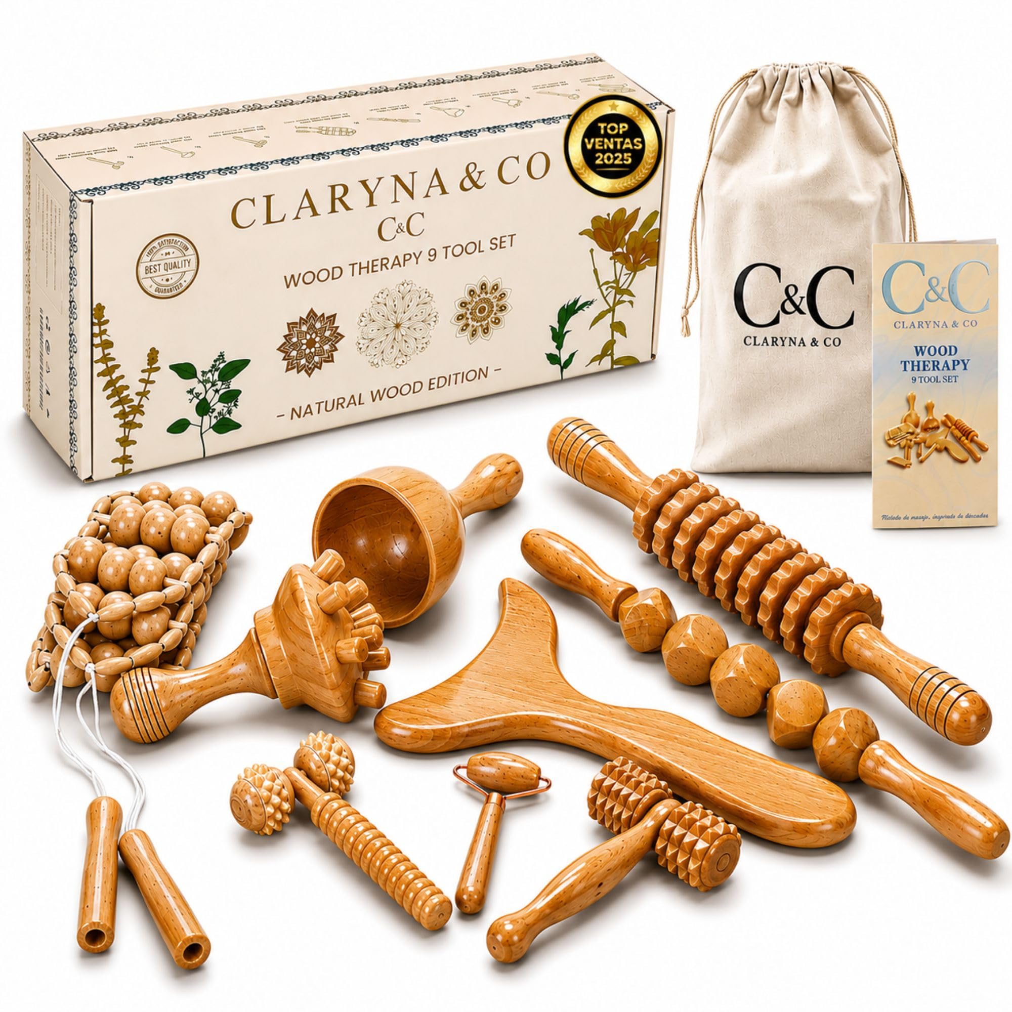 C&C Kit Maderoterapia Corporal de Madera Barnizada y Pulida, 9 Piezas, Incluye Bolsa de Algodón. Celulitis Piernas y Glúteos, Mesoterapia Corporal, Kit Masaje – Marca Comprometida con la Reforestación
