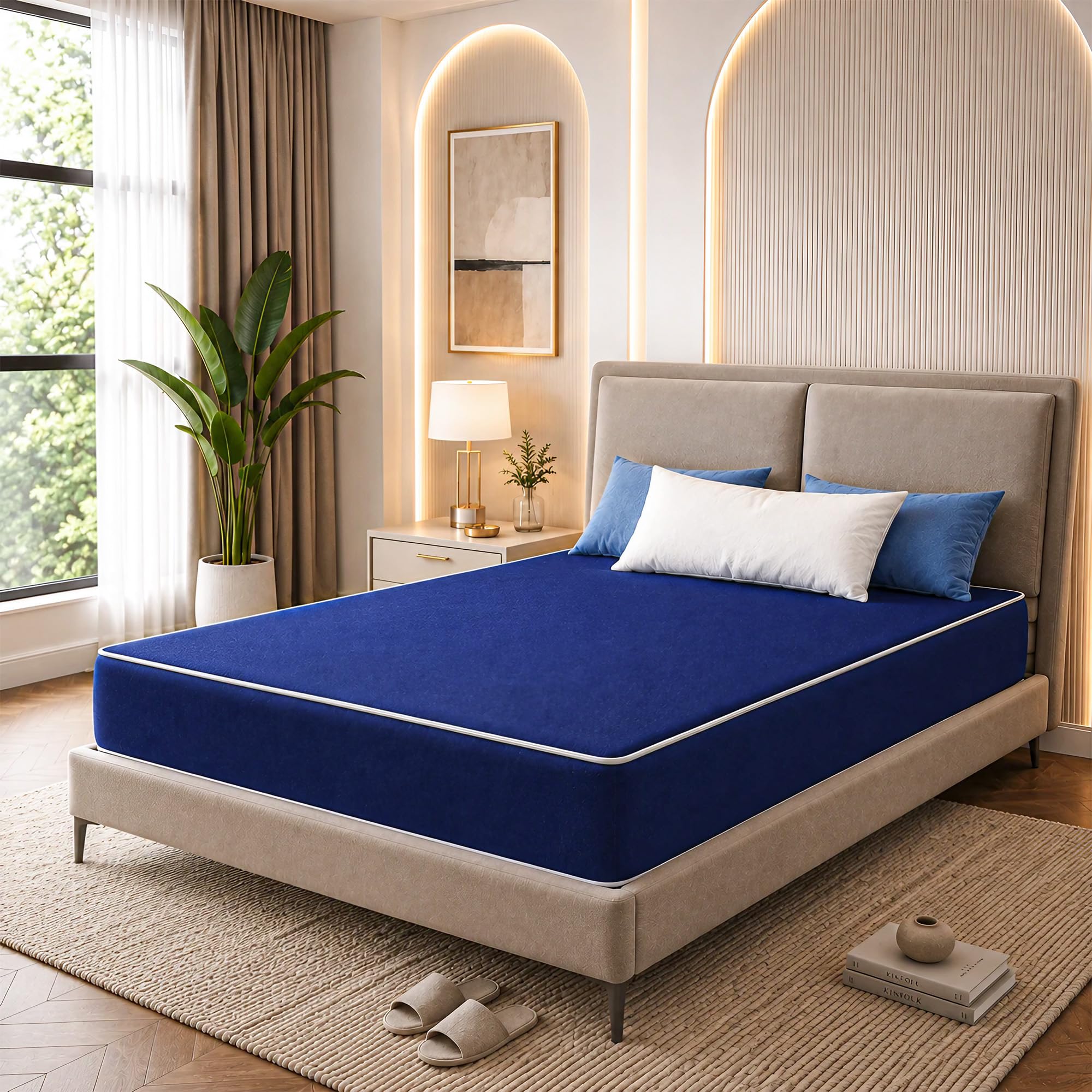 Nutan, 9-Inch Medium Firm Water Resistance Nylon Vinyl Foam Mattress, Noiseless, Soft Cloud Feeling, Body Heat Reflection, Good for Hospital and Camp, Twin XL, Blue