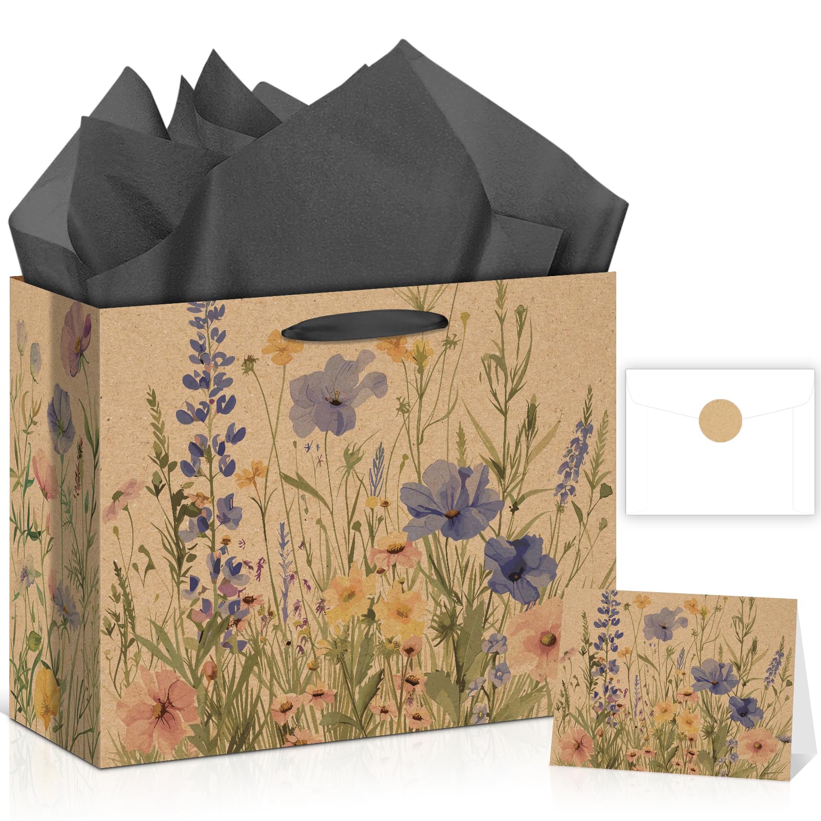 Wildflower Gift Bag Christmas Gifts Wild Floral Birthday Bag with Wrapping Paper Card Sticker Envelope for Watercolor Flower Christian Presents Wedding Baby Shower Bridal Shower Engagement Gifts Wrap