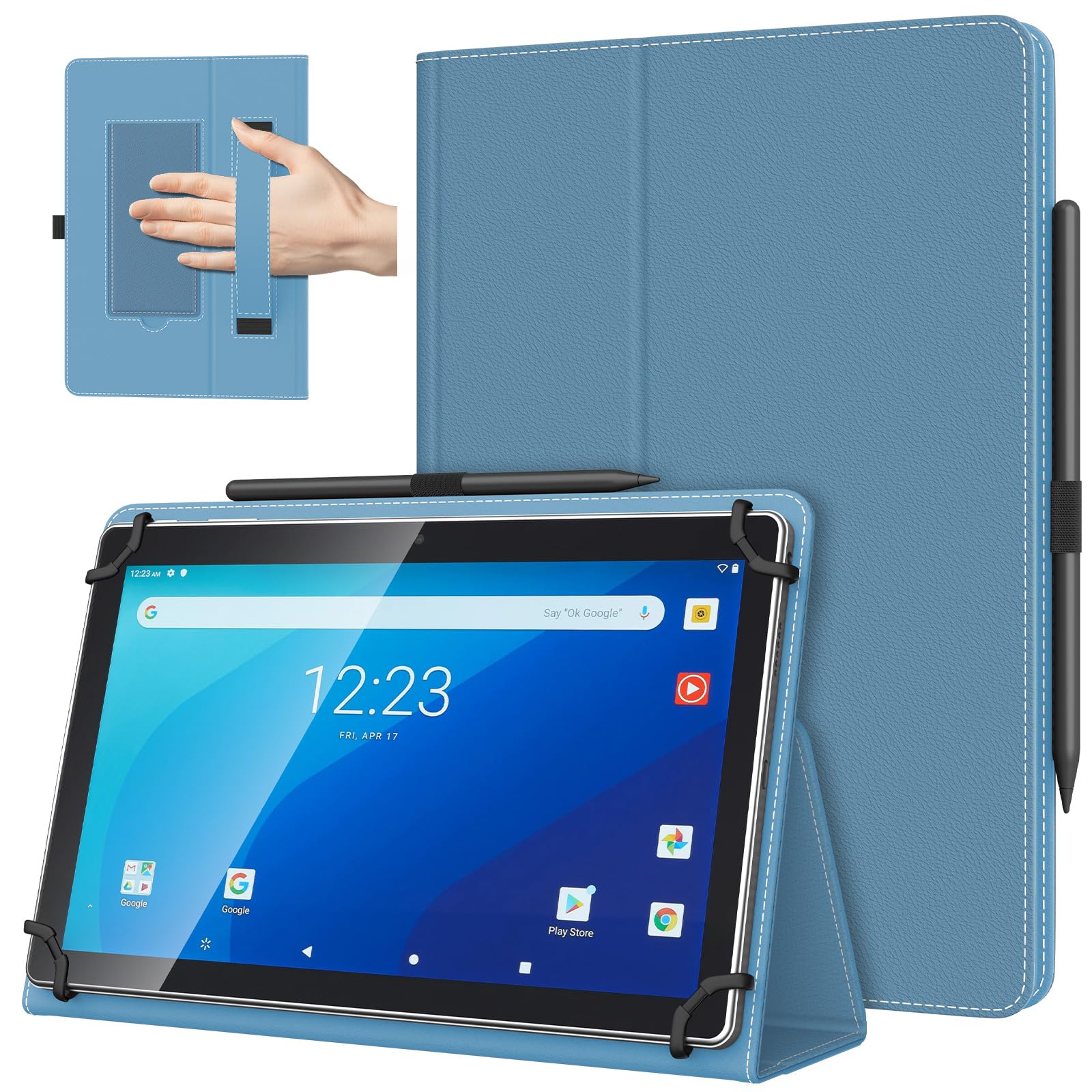 TiMOVO Universal Hülle für 10,1 Zoll Android Tablet mit Stiftschlaufe, Leichtes & Faltbares Standhülle mit Handschlaufe für Alle 9,6-11 Zoll Touchscreen-Tabletten, Denim Blau