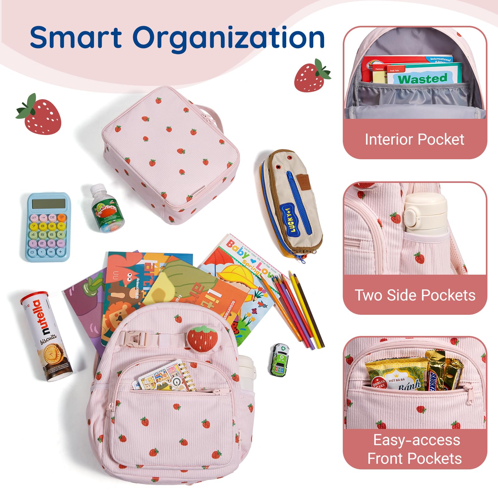 mommore Corduroy Toddler Backpack for Girls 2-4, Kids Backpack with Lunch Box, 13" H Preschool Kindergarten Backpacks for Girls - Strawberry - 3