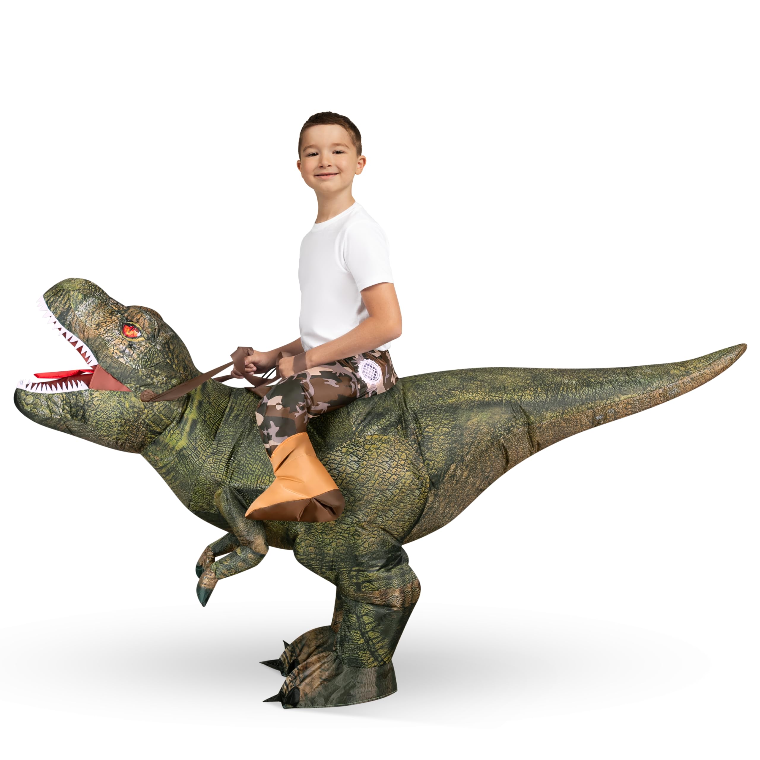 Spooktacular Creations T-Rex Nadmuchiwany kostium dla dzieci, zabawny kostium dmuchany powietrzem, druk cyfrowy, kostiumy do jazdy