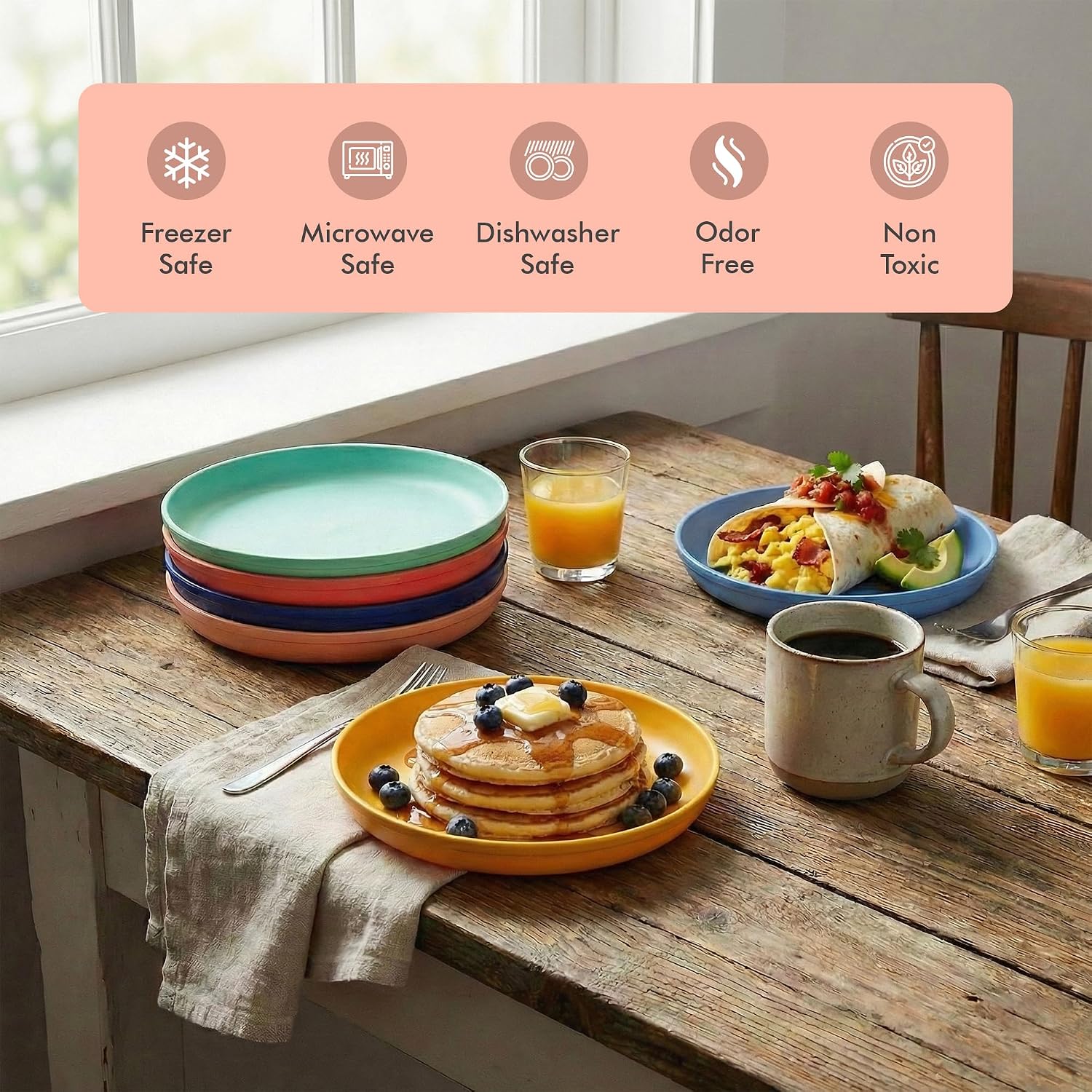 MASTERCOOK Kids Plates Set – 6-Pcs Plastic Plates Reusable – BPA-Free Food-Grade Plastic – Dishwasher and Microwave-Safe – Multicolored Toddler Plate Set – 9.5-inch