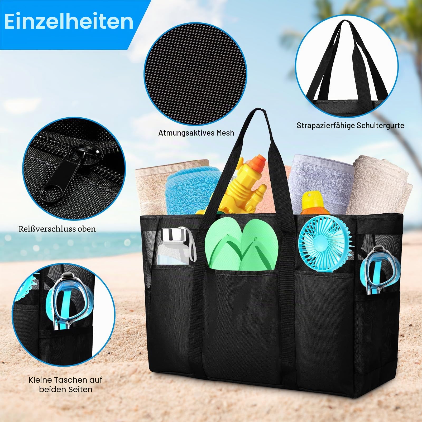 Strandtasche XXL Familie,Strandtasche Damen mit Reißverschluss,Strand Tasche Beach Bag Faltbare für Strand Pool Fitnessstudio Reisen,Vielseitiger - Schwarz