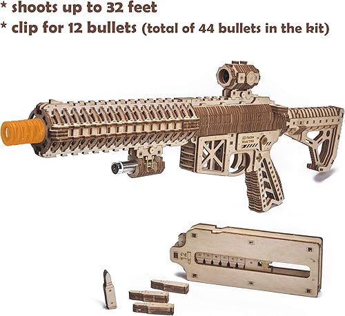 Miniatura 5 de Wood Trick - Pistola de asalto AR-T juego para armar para adultos y adolescentes - con culata telescópica, fusible, mira y clip para 12 rondas -