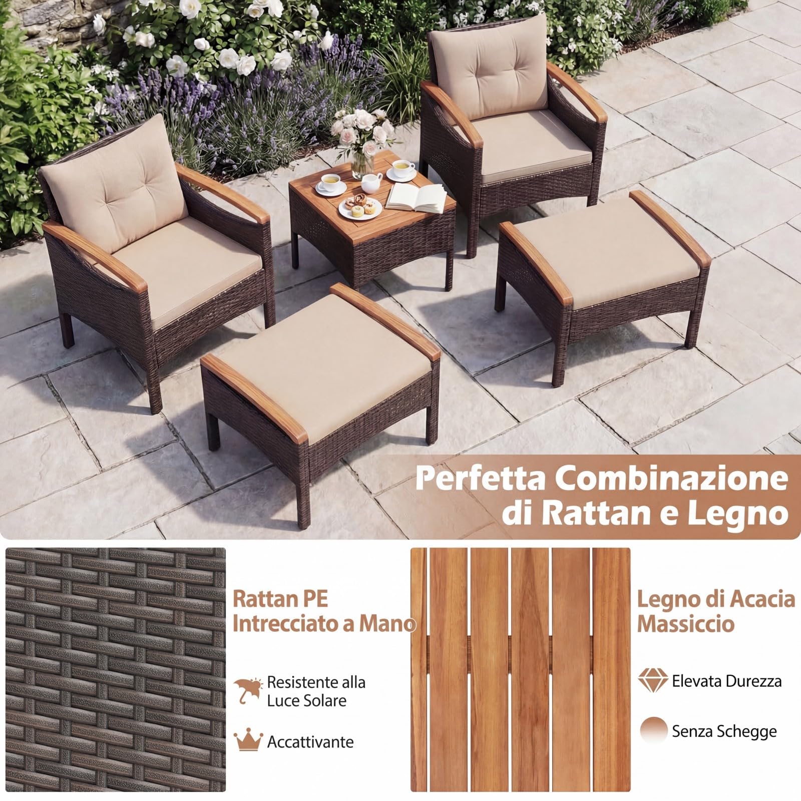 COSTWAY Set Salotto da Giardino in Rattan da 5 Pezzi con 2 Ottomane Marrone