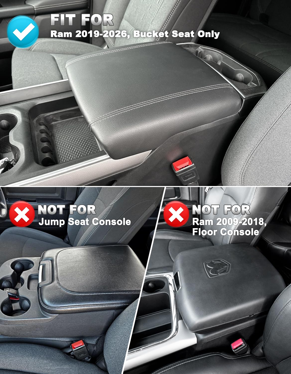 Center Console Cover for Dodge Ram 1500 2019-2026 Bucket Seat Vinyl Leather Interior Accessories Car Armrest Cushion Pad — view 2