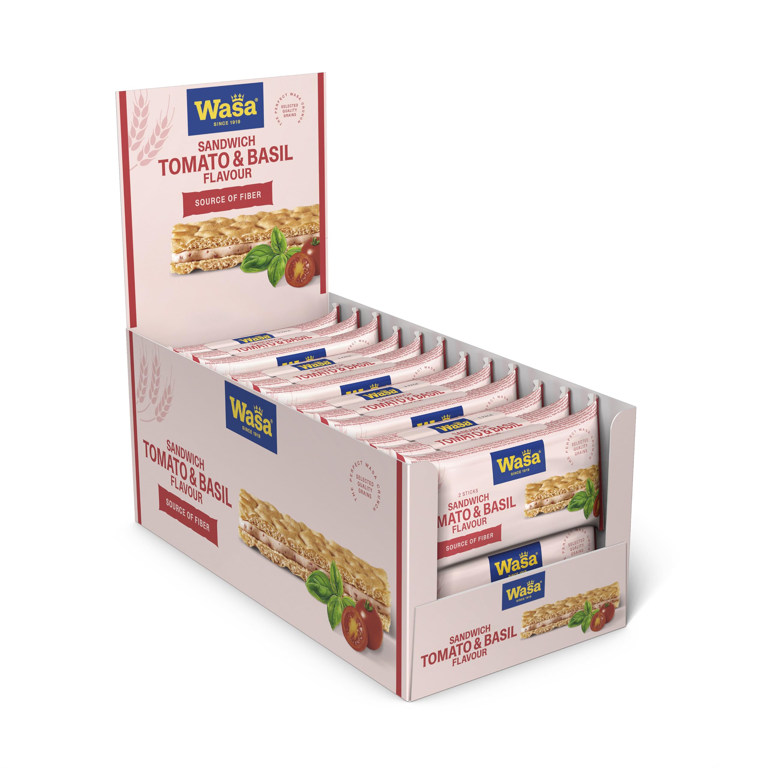 Wasa Chleb chrupki Sandwich Tomato & Basil 40 g przekąska z mąki pszennej z nadzieniem z sera, suszonych pomidorów i bazylii