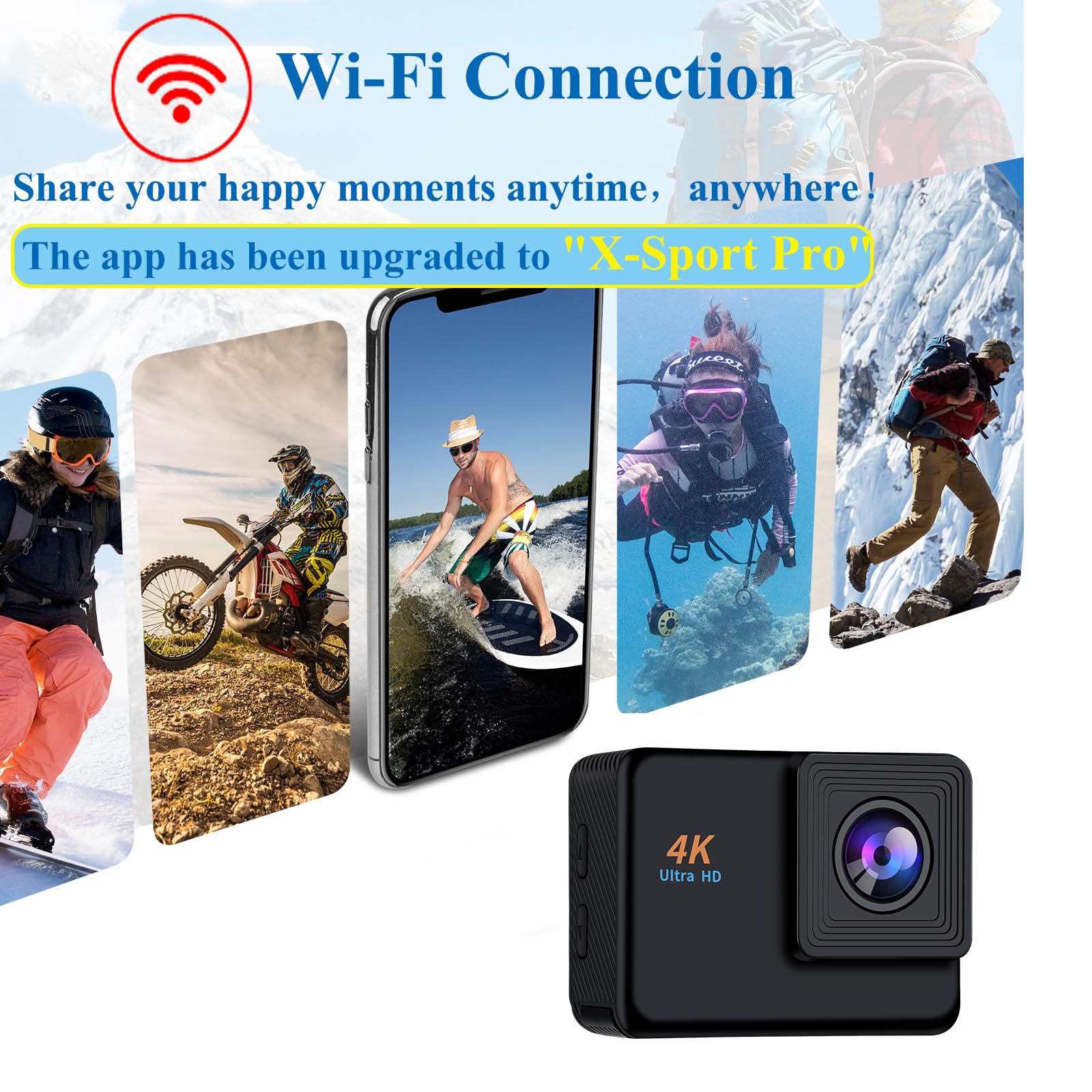 Action Cam 4k 16Mp WiFi Helmkamera 2,4G Fernbedienung Unterwasser 40m wasserdichte Kamera Externes Mikrofon 2x1350mAh Akku und Montagezubehör (APP wurde auf X-Sport Pro aktualisiert)