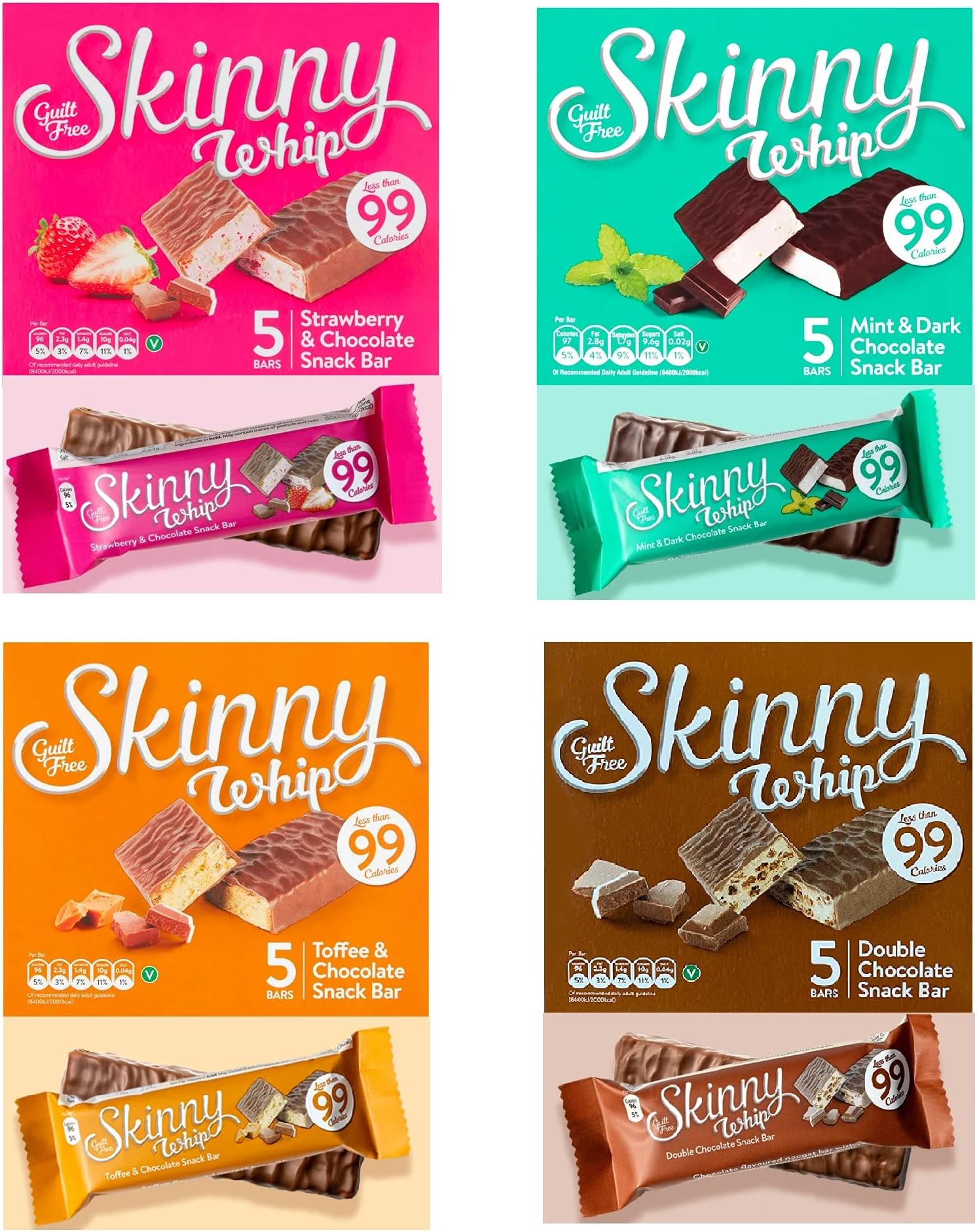 New Skinny Whip Snack Bars Less Than 99 Calories 5 Variations Multi-Pack 4 Boxes