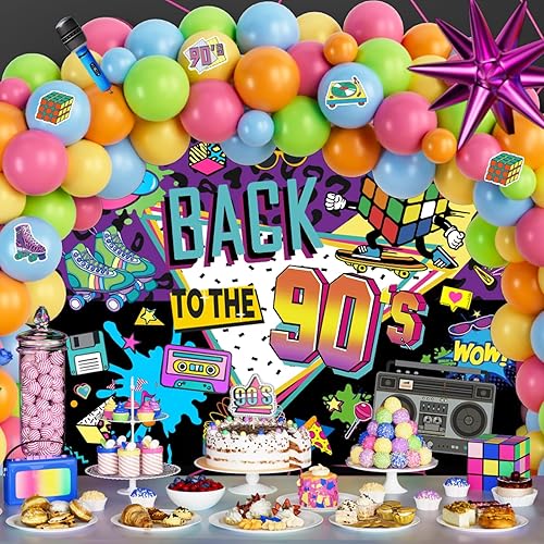 Miniatura 6 de Decoraciones de fiesta de los años 90, decoraciones de fiesta de cumpleaños temáticas de los años 90, telón de fondo de globos, guirnalda de arco,