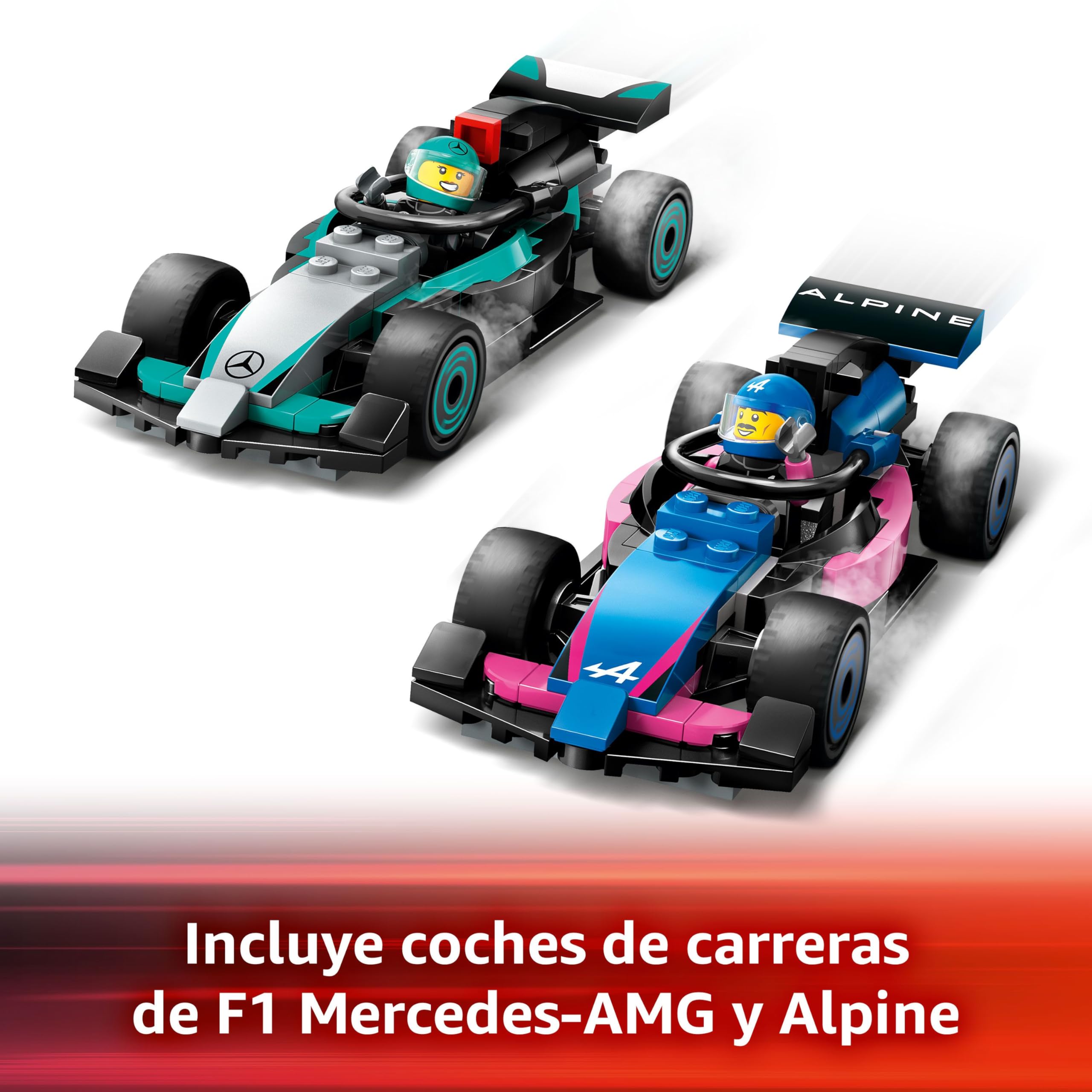LEGO City Garaje de F1 con Coches Mercedes-AMG y Alpine, 2 Maquetas de Vehículos de Fórmula 1 de Juguete y 2 Minifiguras de Pilotos y 4 Mecánicos, Regalo para Niños y Niñas de 7 Años o Más 60444