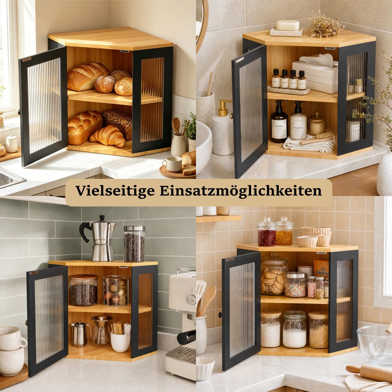 Panera de madera de 2 niveles con ventana, estantería esquinera de cocina para pan y utensilios de cocina, ahorra espacio y elegante, 29,5 x 29,5 x 35 cm, color negro
