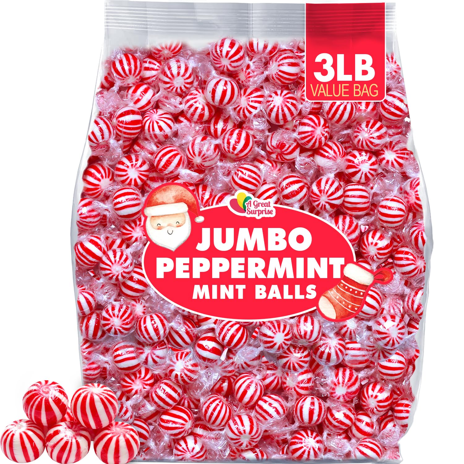 A Great Surprise Jumbo Peppermint Balls - 3 Pounds - Christmas Mint Candies - Holiday Red and White Candy - Large Xmas Candies - Bulk Individually Wrapped Hard Candy