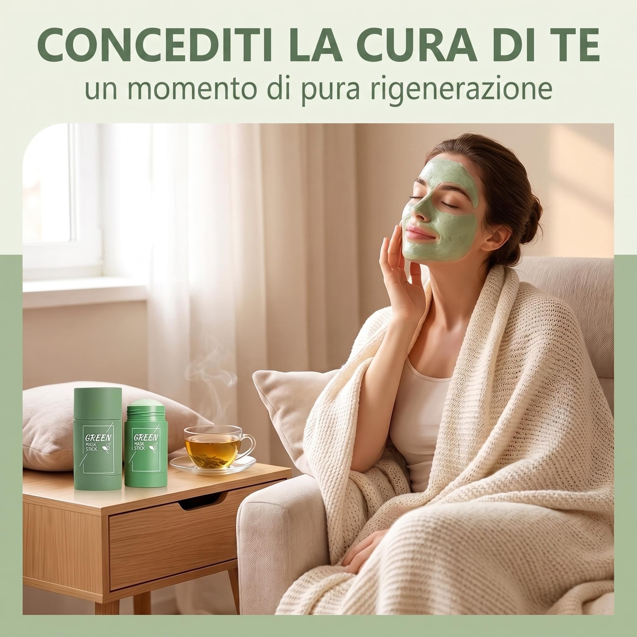 Maschera Viso Stick Tè Verde 2 Pezzi Punti Neri e Argilla Verde | Set 2 Stick: detersione profonda e rimozione punti neri. Argilla purificante per pelle mista e grassa, effetto mat.