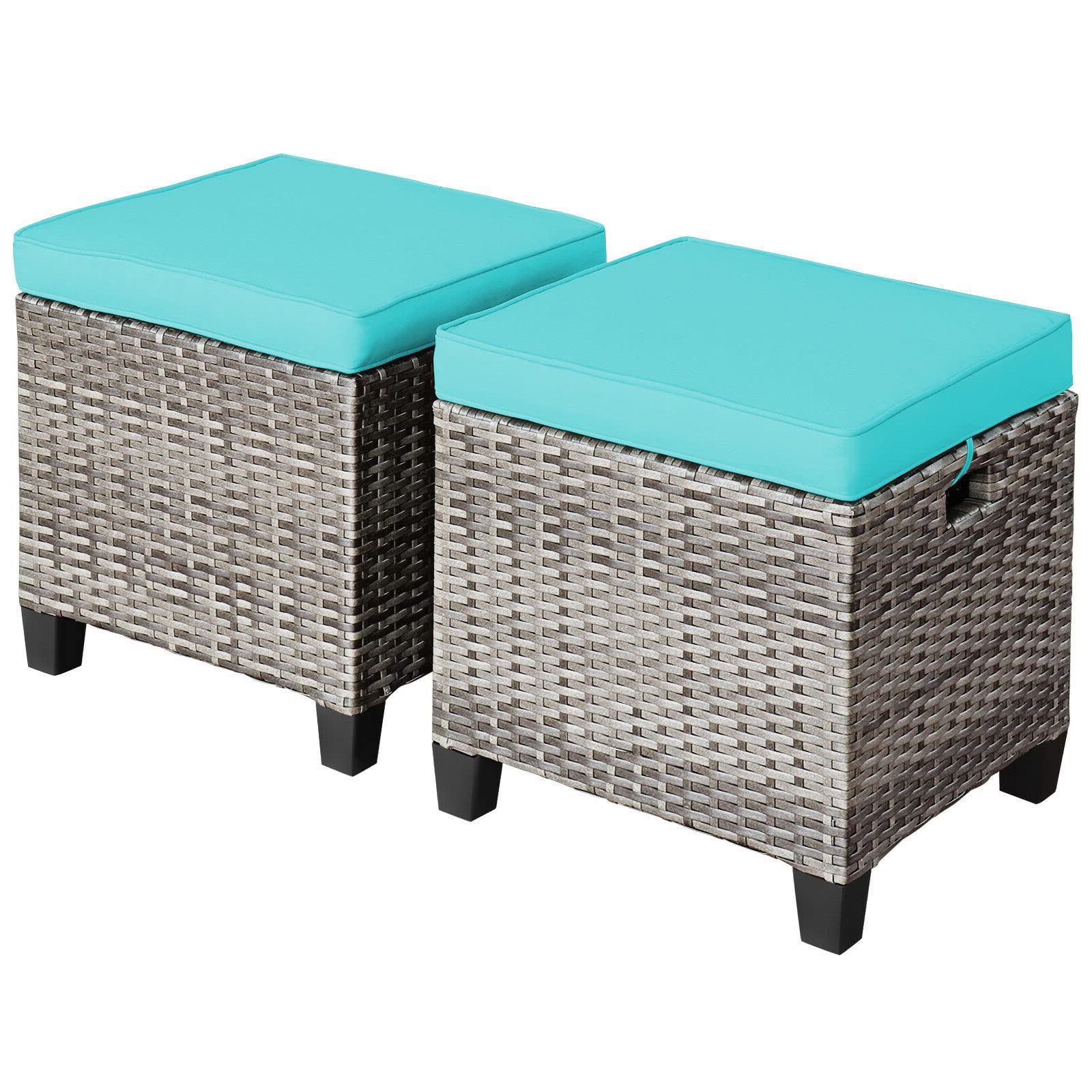 HPW 2PCS Outdoor Mixed Grey PE Rattan Ottoman Removable and Soft Seat Cushion Anti-Slip Foot Pads Serves As Footstools Side Table Additional Seats Suitable for Patio Garden Backyard Poolside Use