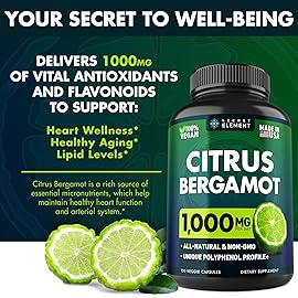 Secret Element Citrus Bergamot Extract 1000mg - Citrus Bergamot Supplement for Heart, Immune System Support, and Healthy Aging - Pure, Vegan Bergamot Capsules