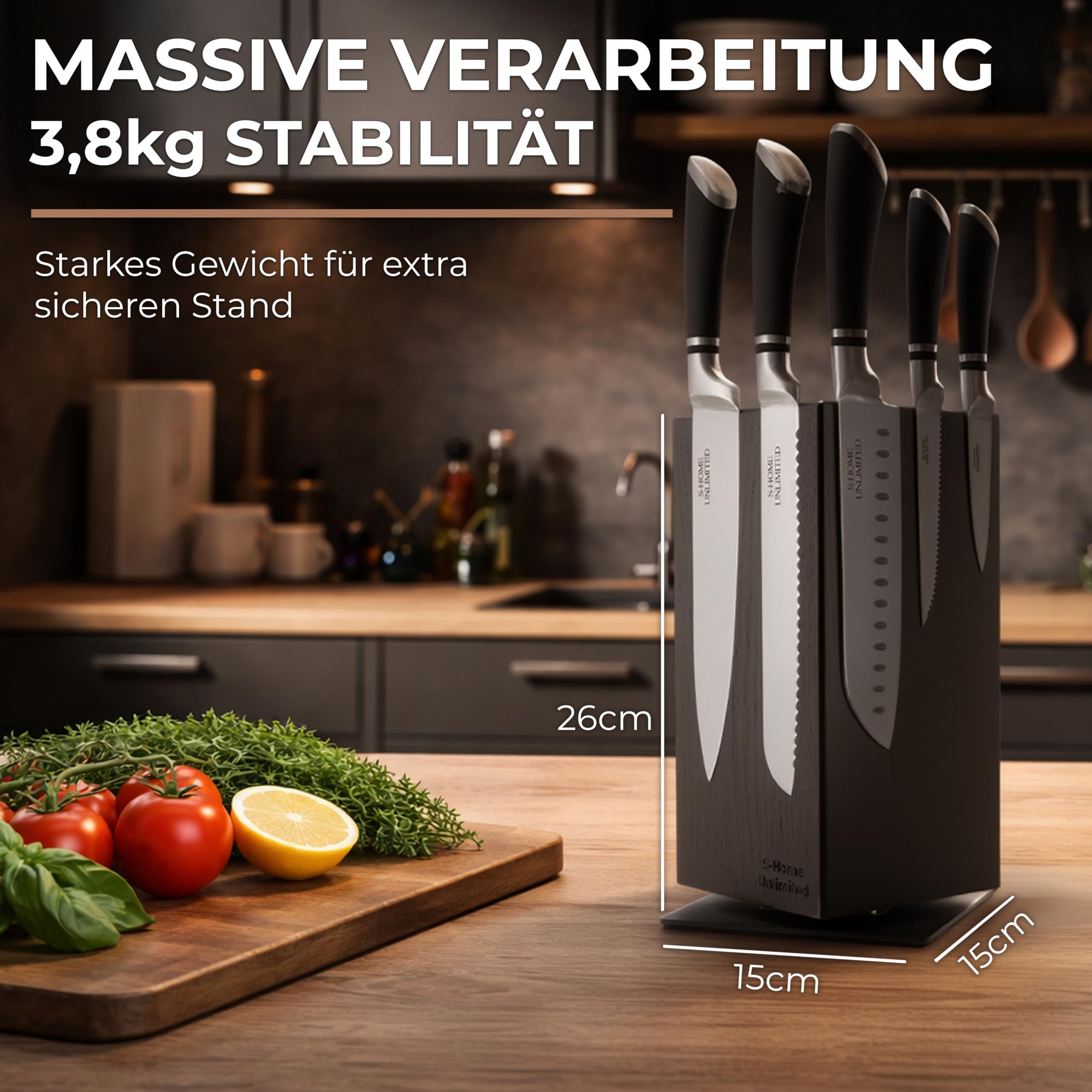 Magnetischer Messerblock ohne Messer | 360° drehbar | Massiver Holzblock in Schwarz mit sichtbarer Maserung | Sicherer Stand dank schwerem Metallfuß