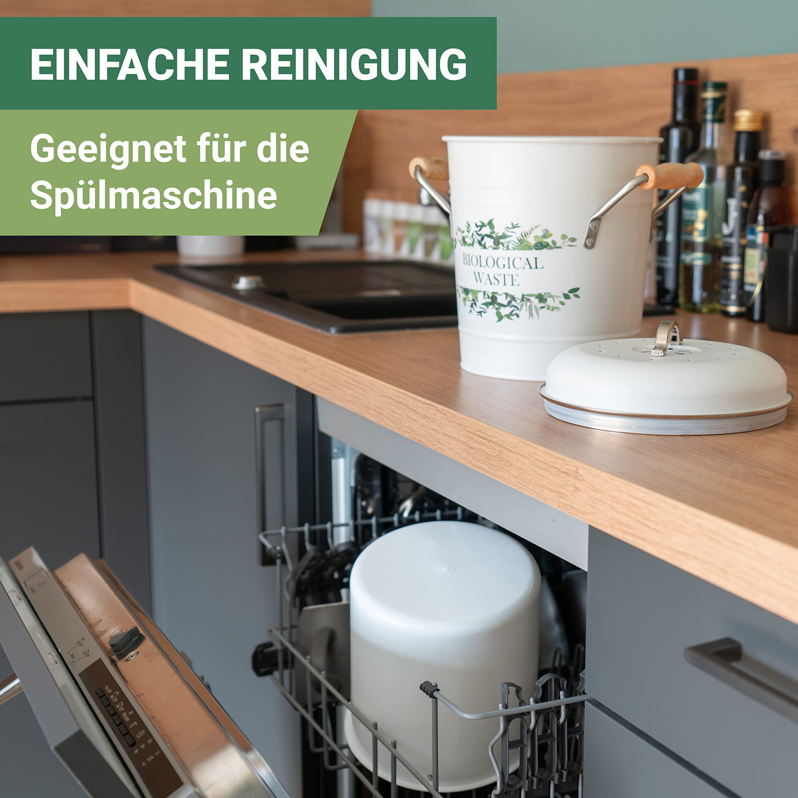 Tante SOE - Biomülleimer für die Küche mit Aktivkohlefilter (3 Liter, klein) Bio Mülleimer mit Deckel zur Geruchsneutralisierung - Metall Behälter/Eimer für Biomüll - Abfalleimer/Komposteimer in Weiß