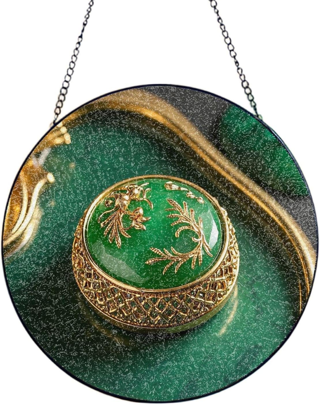 Stained Glass Window Hanging 12in Window Suncatcher Glass Panel with Metal Chain Abstract Green Jade Gold Luxury Sun Catchers Wall Art Home Decor Gift for Women Mother's Day