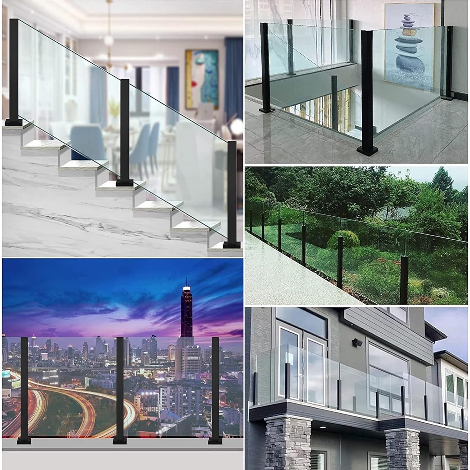 Matte Black Stainless Steel Glass Railing Posts - Windproof Outdoor Fencing for 3/8" or 1/2" Glass Panels, Floor Mount Balustrade for Yard, Balcony & Stairway