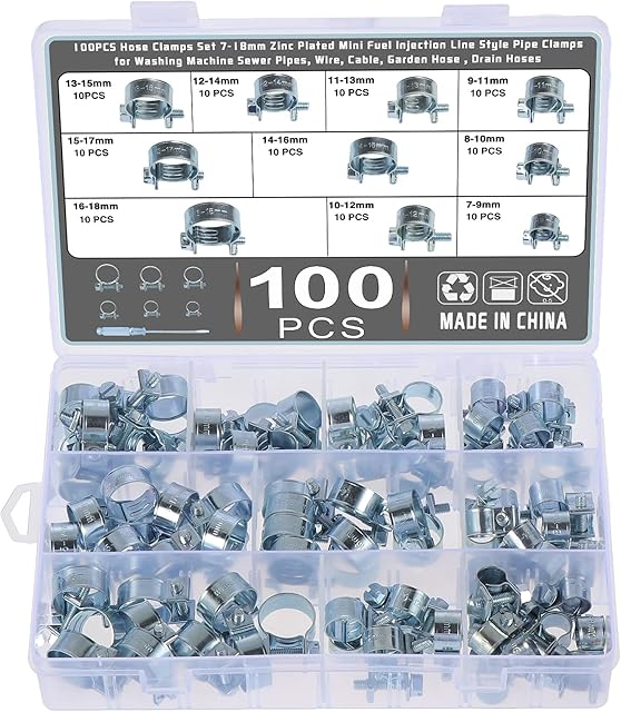 Knpwer 100PCS 10 Sizes Hose Clamps 7-18mm Zinc Plated Mini Fuel Injection Line Style Pipe Clamps for Wire,Cable,Garden Hose ,Drain Hoses with Screwdriver