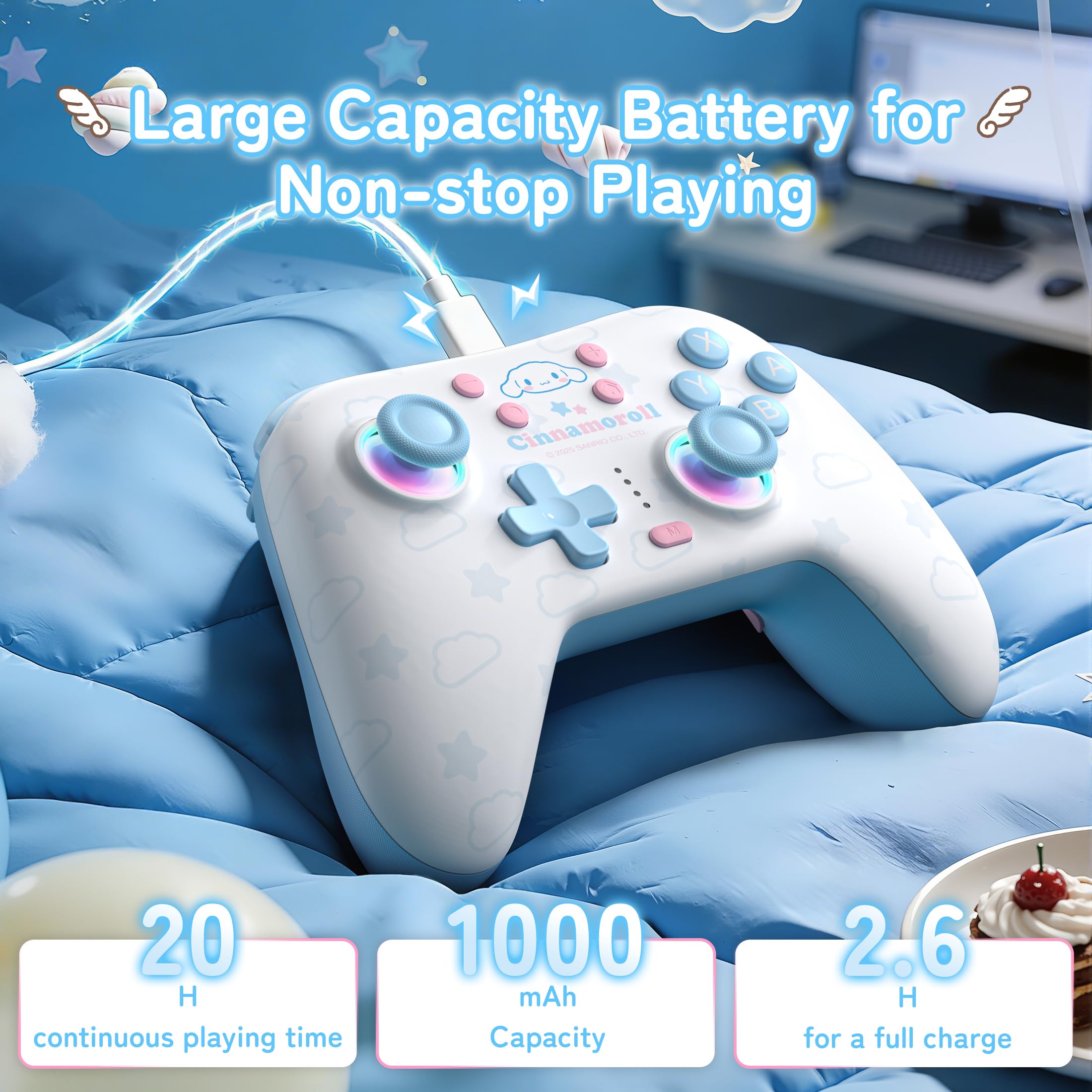 Kuitmor Wireless PC Controller mit RGB, Hall Effekt Joysticks, 1000 Hz, Turbo, Remappable Buttons, PC/Switch/iOS/Android/Linux, Blau Cinnamoroll