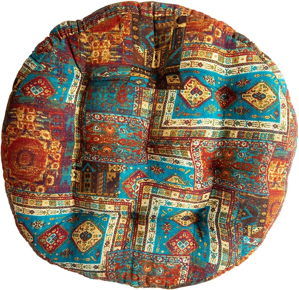 Bohemian Patchwork Round Chair Seat Cushions for Dining Kitchen Office Chairs Patio Soft Cotton Linen Chair Pads for Indoor Dining Room and Kitchen Chairs (Blue,Diameter 22")