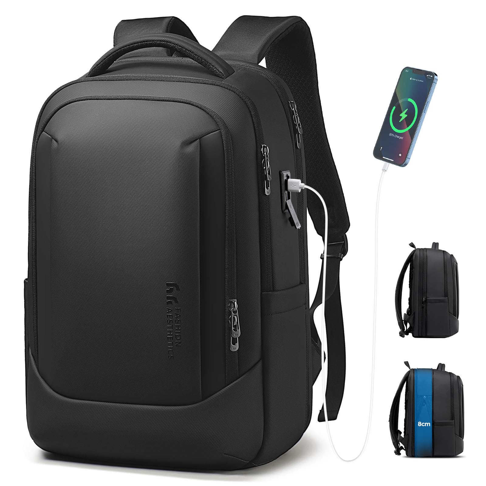 hk Business Laptop Rucksack Herren 16 Zoll 28-40L Erweiterbar | Wasserabweisender Arbeitsrucksack mit USB Ladeanschluss, Großem Stauraum für Schule, Universität und Reisen – Schwarz