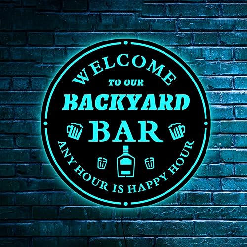 Letrero de barra de neón con texto en inglés "Welcome To Our Backyard Bar", letrero de luz LED de barra, arte de pared de luz de neón, letreros de