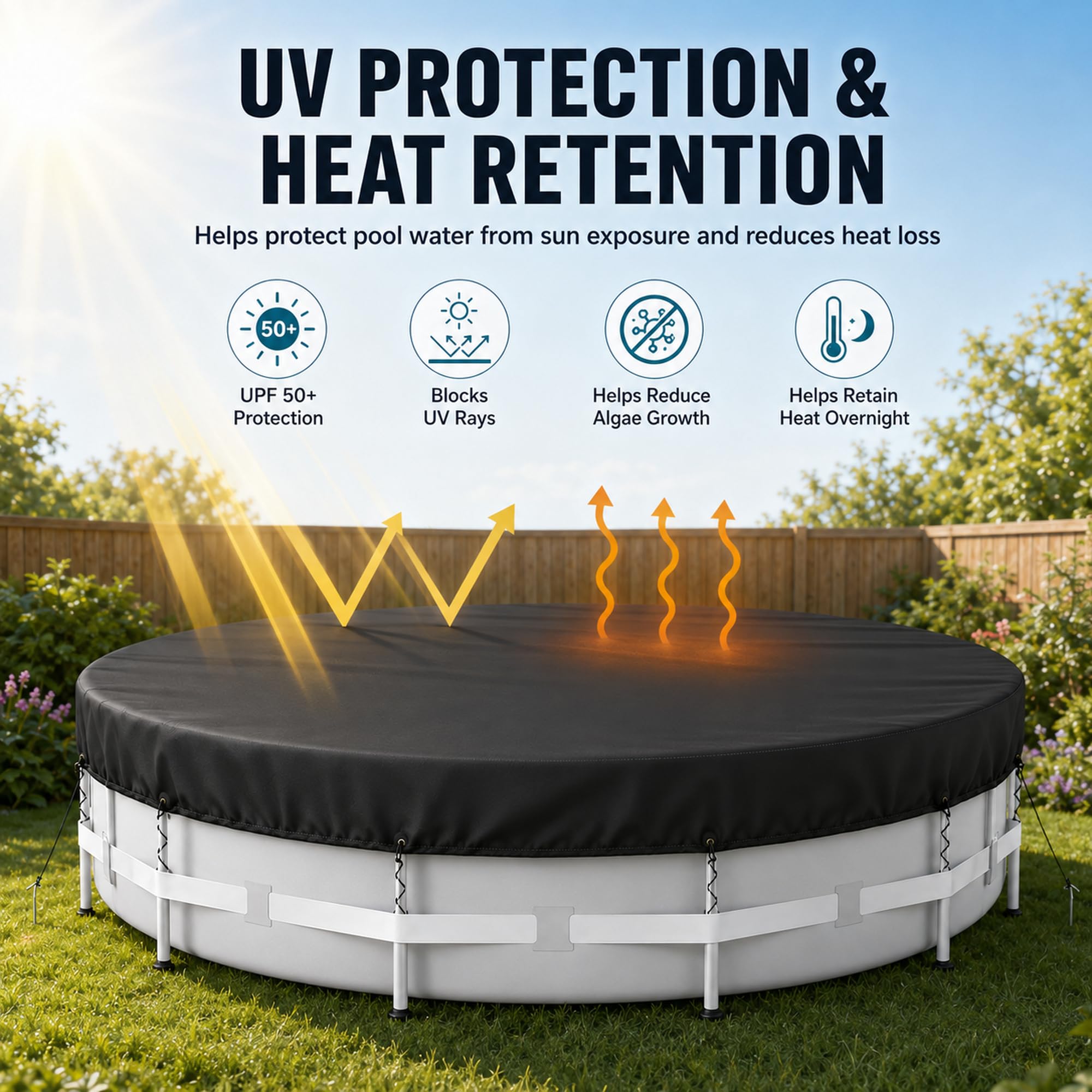 Cubierta de piscina redonda de 305 cm – Cubierta de invierno de tela Oxford 420D con revestimiento de poliuretano, protección UV, cordón y clavos para el suelo, resistente al viento y a las roturas