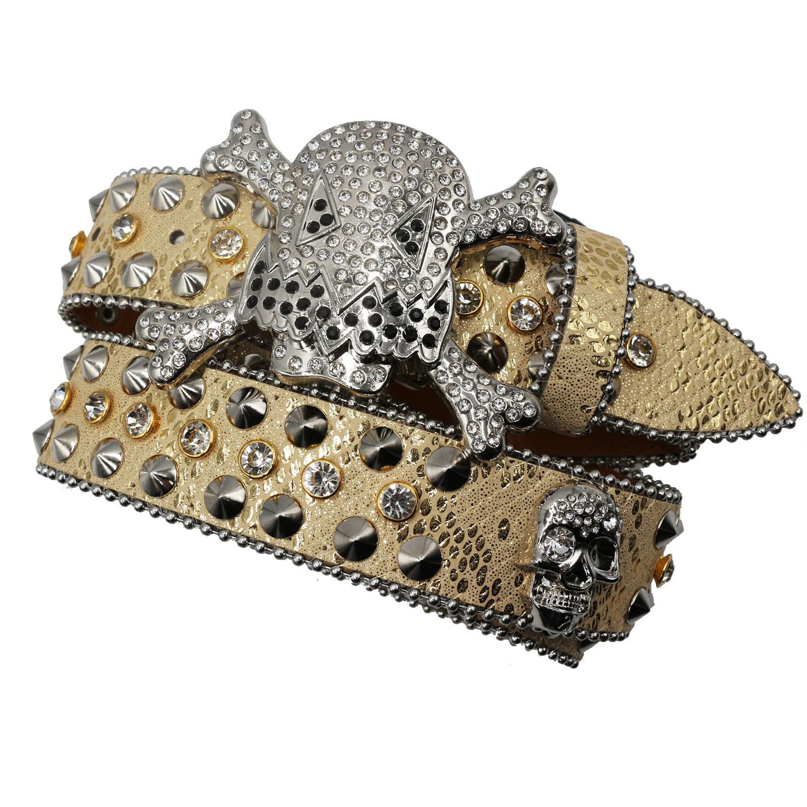 Cinturón con Calavera Cruzada Y Diamantes De Imitación para Mujer Moda De Vanguardia Cinturones De Cuero con Tachuelas Accesorio para Un Look Llamativo(125cm/49, Gold)