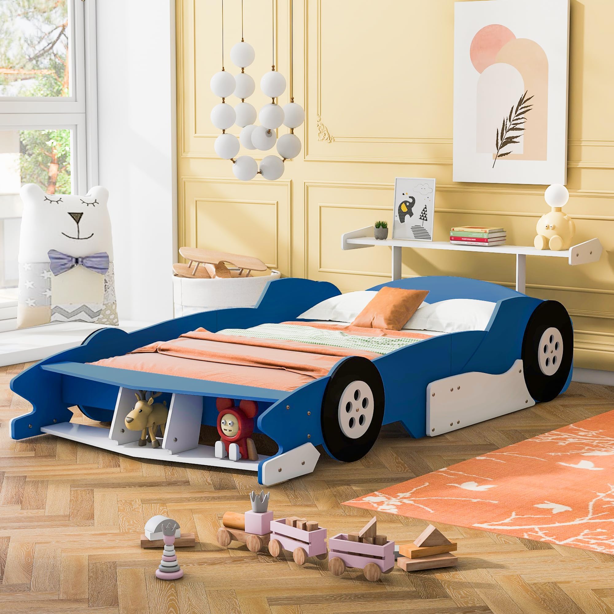Full Size Race Car Bed for Boys,Cool Car Bed Frame with Storage Shelves,Car Shaped Kids Bed Full Size,Car Bed Full with Wheels for Kids,Girls,Blue