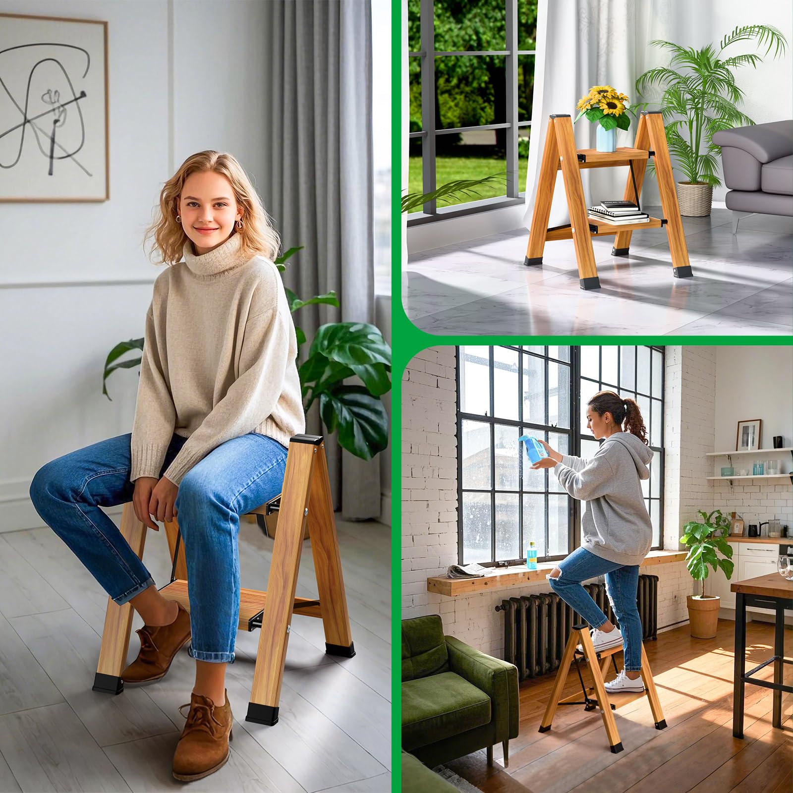 Escalera plegable de aluminio de 2 peldaños, antideslizante, escalera multifunción portátil con diseño de vetas de madera, soporta hasta 150 kg para cocina, baño y camping