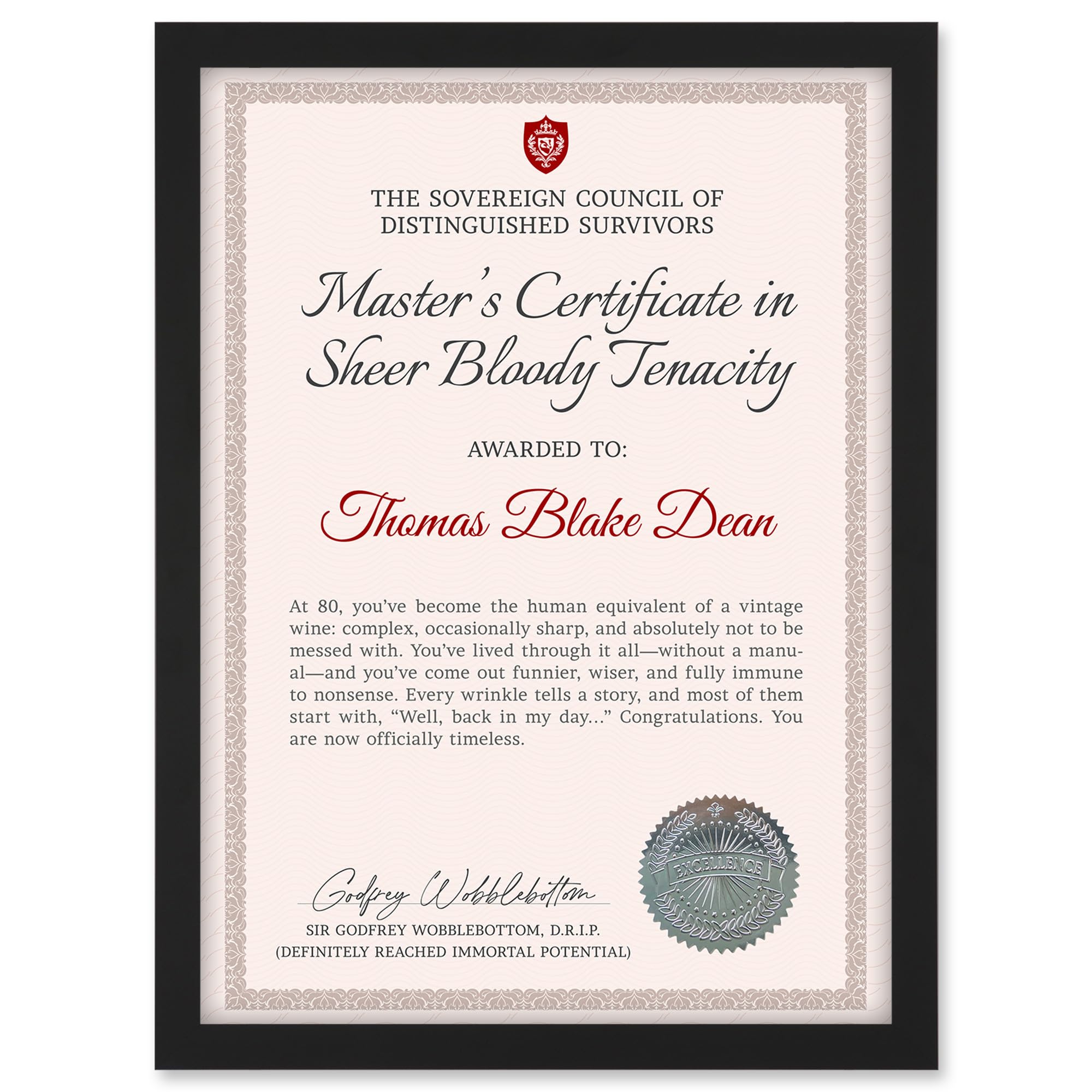 Artery8 Unisex 80Th Birthday Personalised Fun Fake Certificate Master’s In Sheer Bloody Tenacity Funny Gag Fun Joke A4 Black Framed Diploma Novelty Award