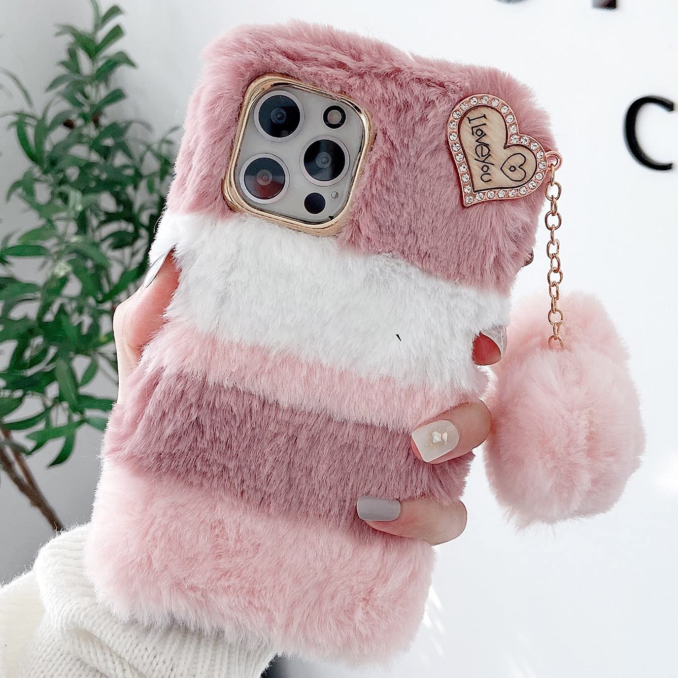 HFICY Girly Faux Fur Phone Case for iPhone 11 PRO MAX with 2PCS