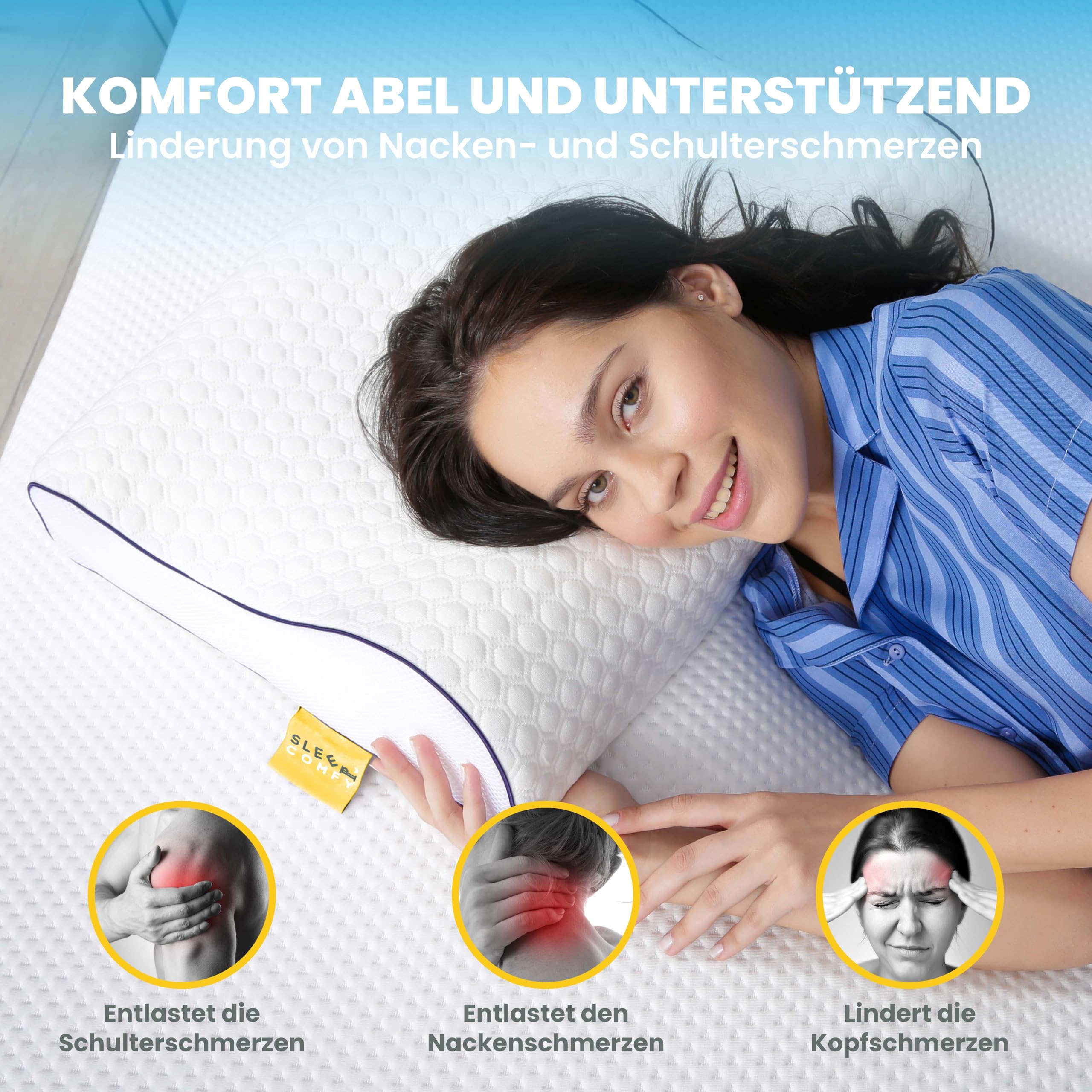 SLEEP COMFY - Premium Visco HWS Nackenkissen, 60x40x14/12cm, Kopfkissen mit Bezug, Nackenstützkissen Memory Foam Ergonomisches, Orthopädisches Kissen Seitenschläfer und Rückenschläfer, Antischnarchen