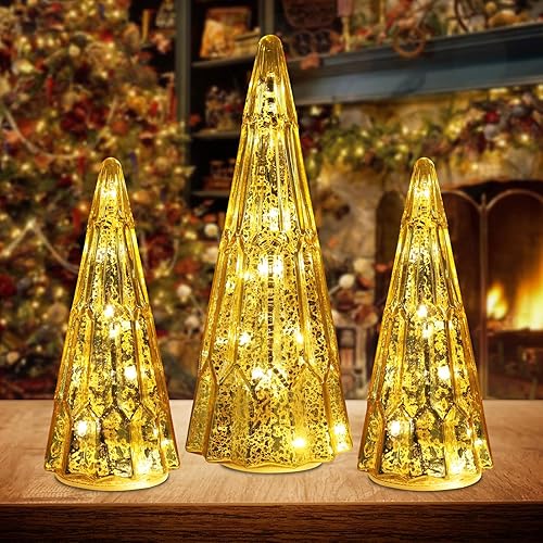 PHITRIC Christmas Decorations Indoor, 3 PCS Sparkling Glass Gold Christmas Tree Table Decorations with LED Lights and Timer, Textured Xmas Tree Decorations for Home, Mantel, Shelf, Office
