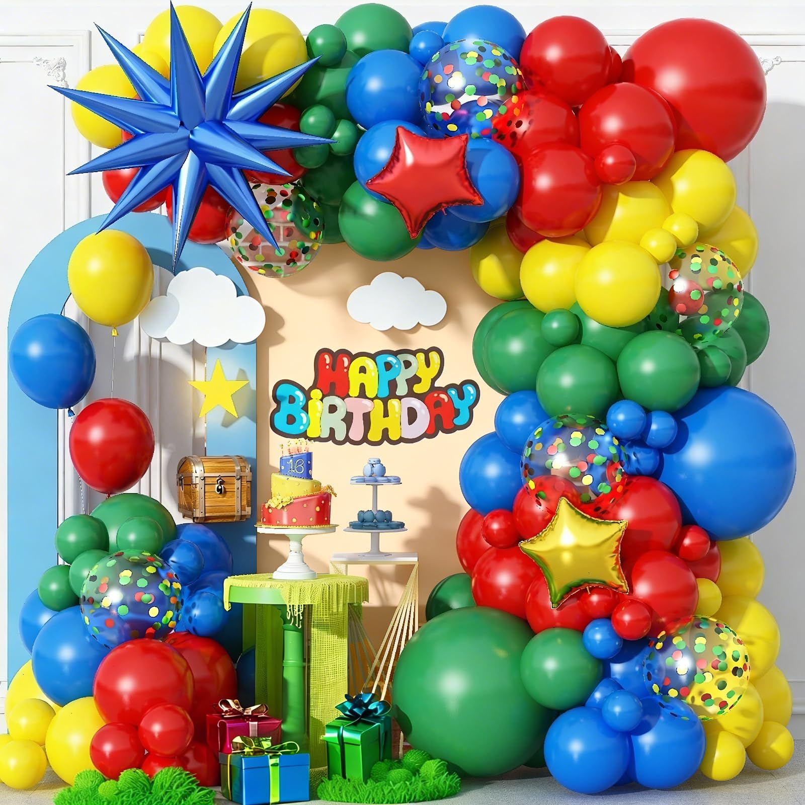 Red Yellow Green Blue Balloon Arch Kit 123Pcs Rainbow Balloons Garland with Star Foil Balloon Cartoon Colorful Birthday Party Balloons for Boys Men Game Baby Shower Carnival Circus School Decorations
