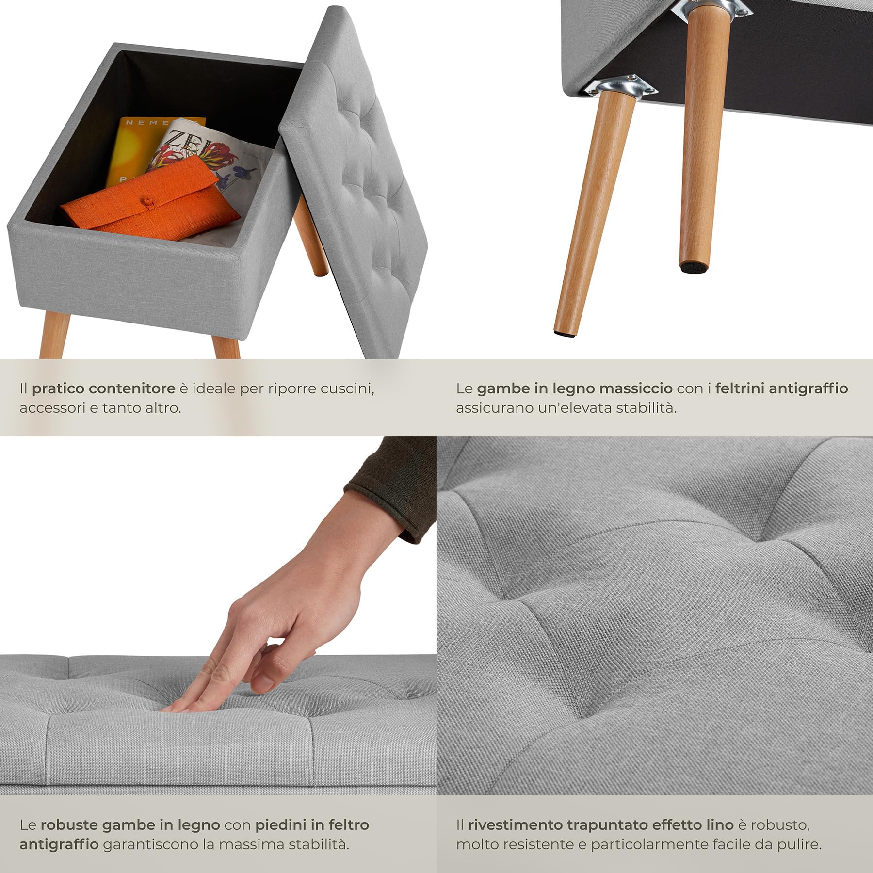 tectake® Panchina Imbottita, Rivestimento Effetto Lino, Scomparto Interno, Gambe in Faggio Massiccio, Capacità 300 Kg, Misure 51x37,5x45,5 cm - Grigio Chiaro