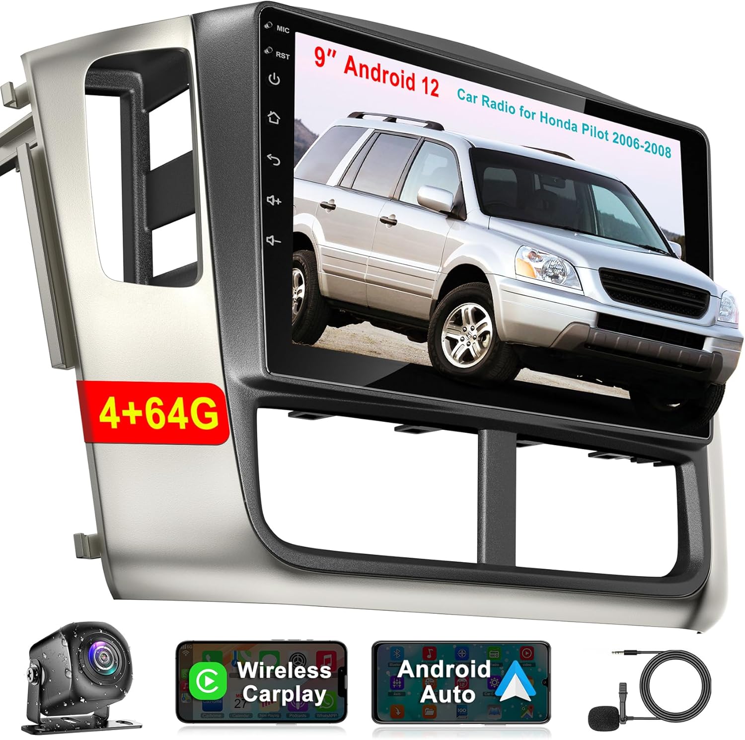 4+64G Android 12 Car Radio for Honda Pilot 2006 2007 2008,9" Touchscreen Stereo Support Wireless Carplay&Android Auto,Built-in GPS Navigation/WiFi/Steering Wheel Control/Bluetooth/Reverse Camera/HiFi