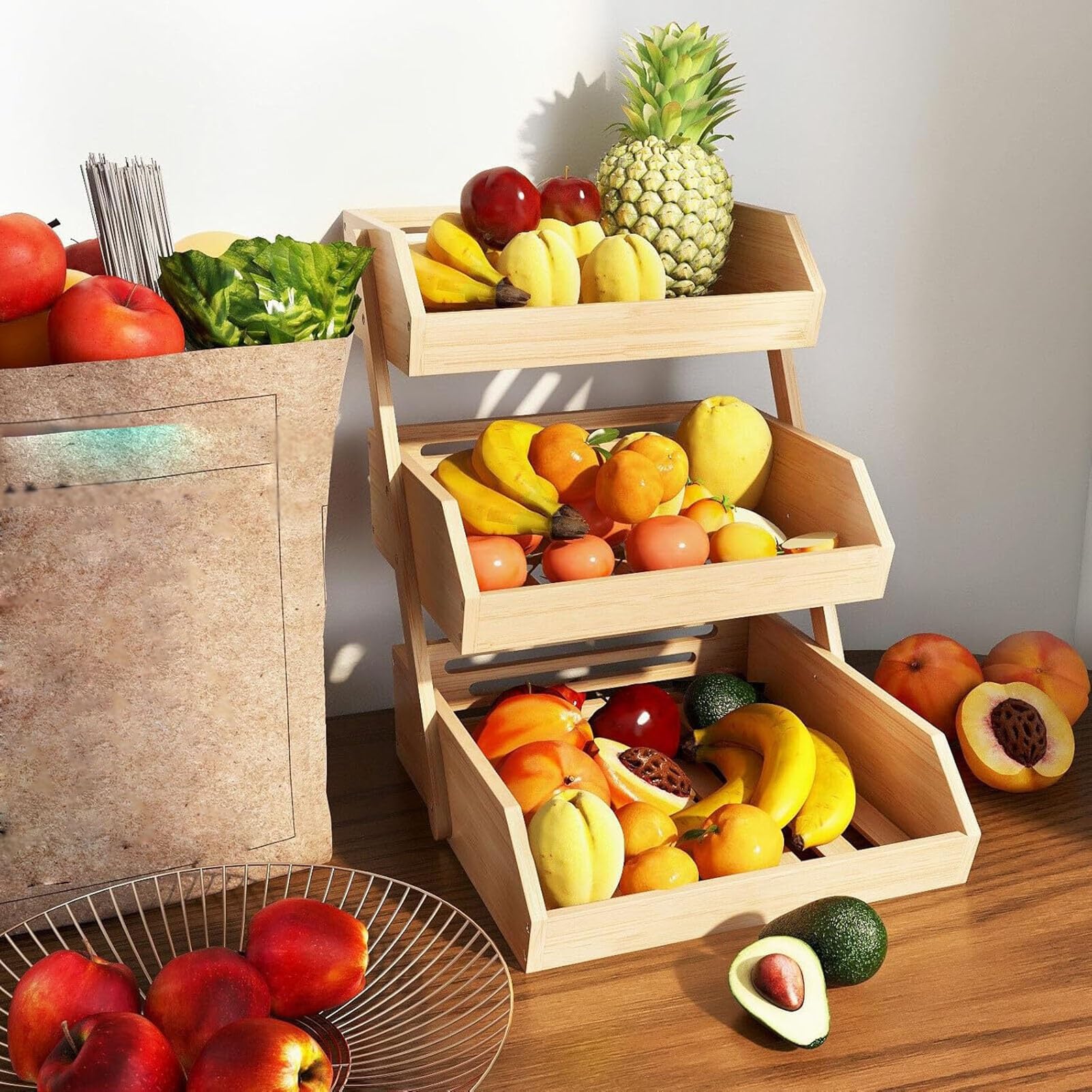 Estantería De Bambú De 2/3 Niveles Para Frutas Y Verduras, Cesta Para Pan, Organizador De Frutas Y Verduras, Soporte De Madera Para Almacenar Pan, Para Mostrador(3-Tier)