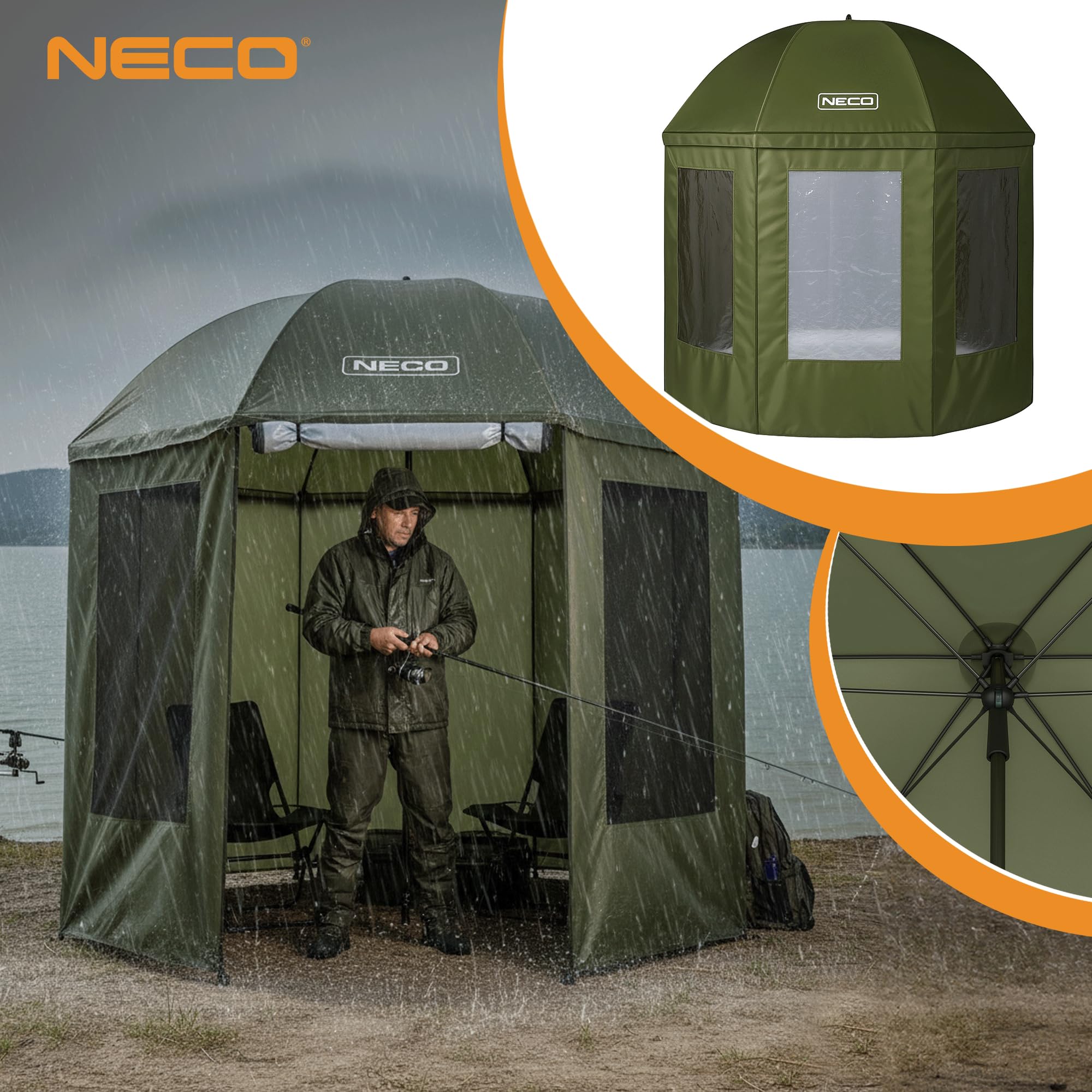 NECO Zielony Parasol Wędkarski z Osłoną i Moskitierą 250 cm – Wodoszczelny, Cały Zamykany Namiot Parasolowy, Duży Parasol do Wędkowania z Oknami, Namiot Karpiowy na Ryby, Kemping i dla Wędkarzy