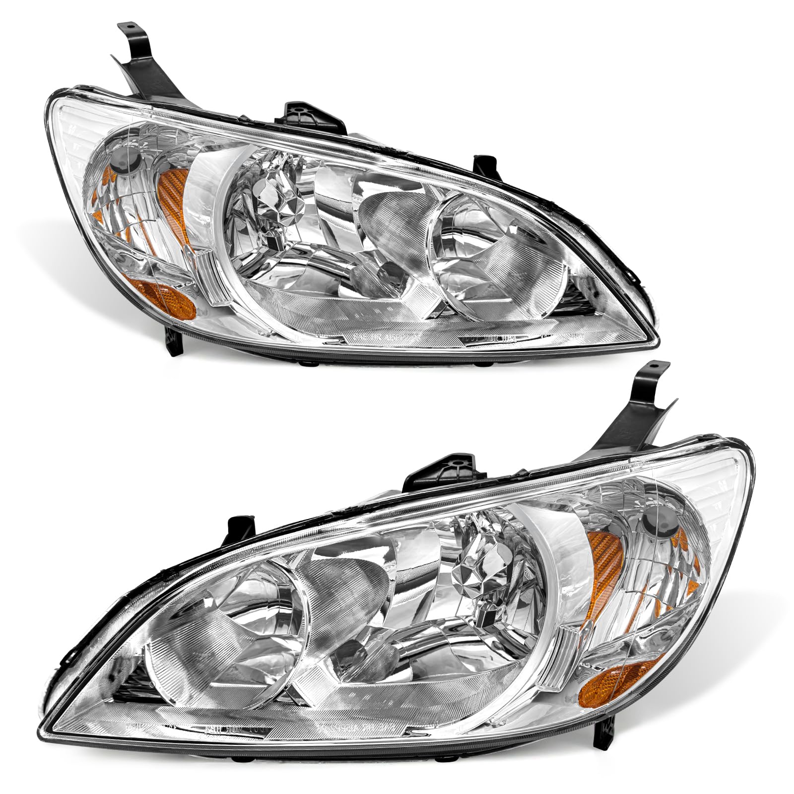for 2004 2005 Civic Headlight Assembly compatible with 04 05 Honda Civic 2/4dr Clear Lens Chrome Housing Amber Reflector Headlamp Replacement Left and Right Pair