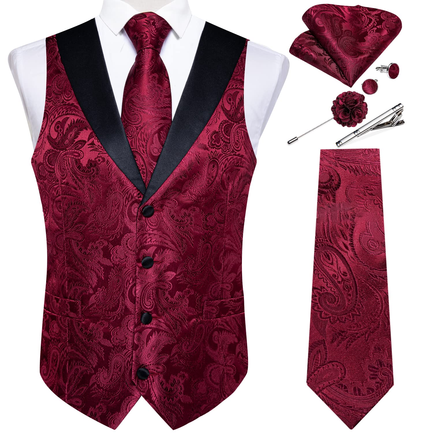 DiBanGu Mens Paisley Suit Vest Silk Jacquard Waistcoat and Necktie Set Formal Shawl Collar Dress Vest 7PCS for Wedding Party