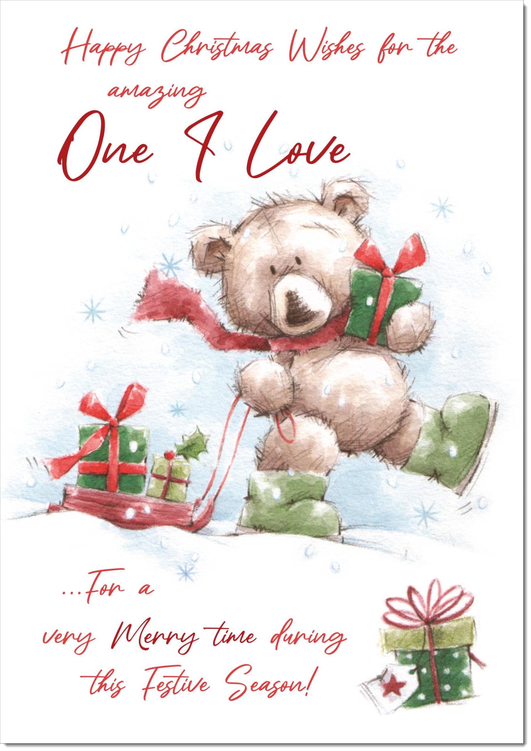 doodlecards One I Love Christmas Card Cute Bear with Sled Large A4 Size Christmas Card for One I Love with Plain Envelope — image 1