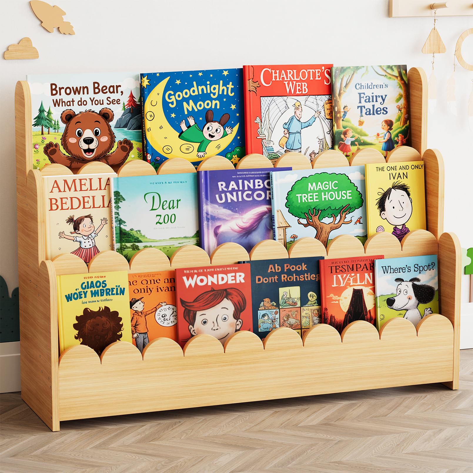 SpaceAid 3-Tier Scalloped Bookshelf, Montessori Bookcase for Toddlers, Wooden Book Shelf Organizer Display Furniture for Kids Rooms, Playroom, Nursery and Classroom, 36.7“ Wide, Natural