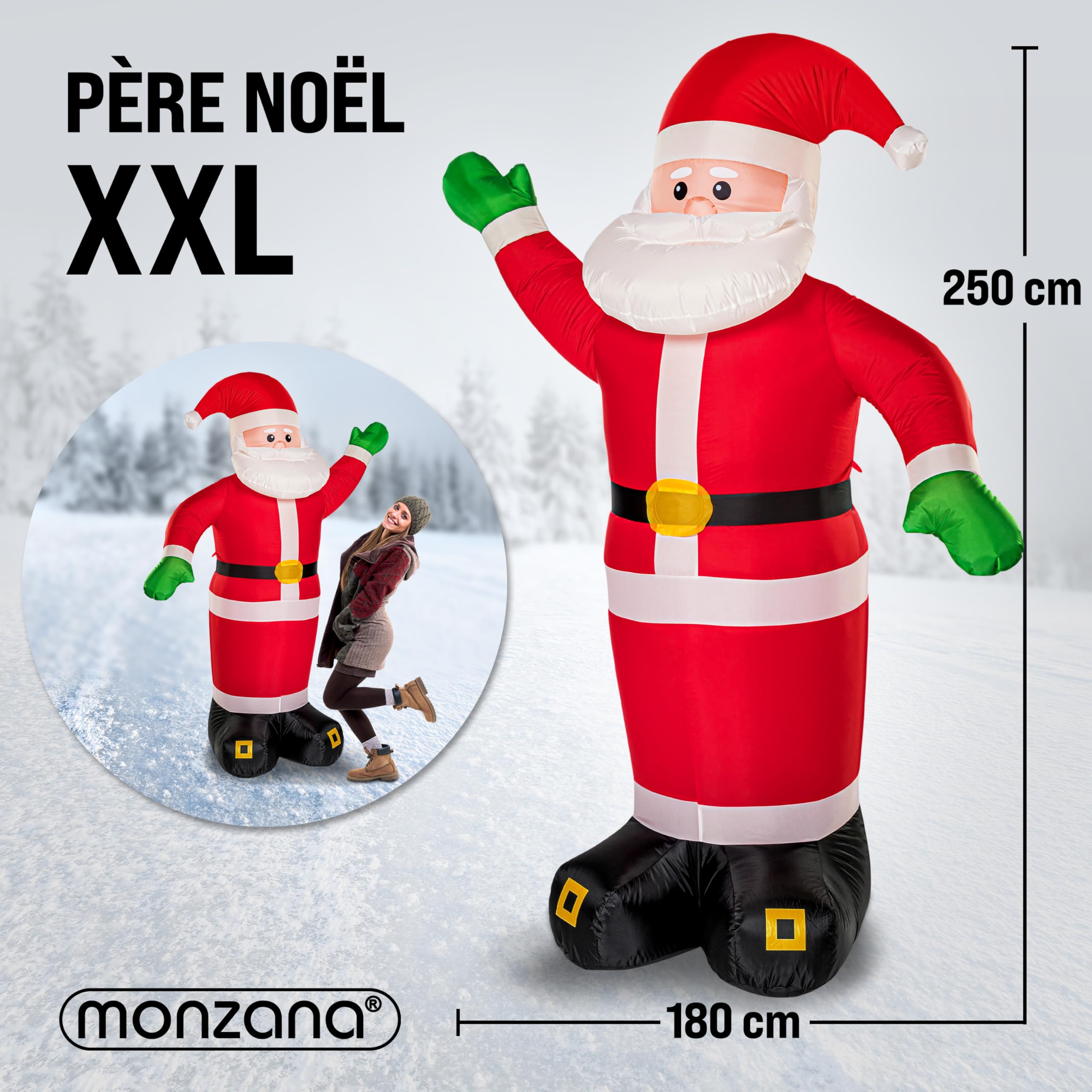 MONZANA® Père Noël Gonflable XXL 250cm - Éclairage LED IP44 Lumineux - Matériel de Fixation - Décoration Noël Extérieur - Personnage Autogonflant