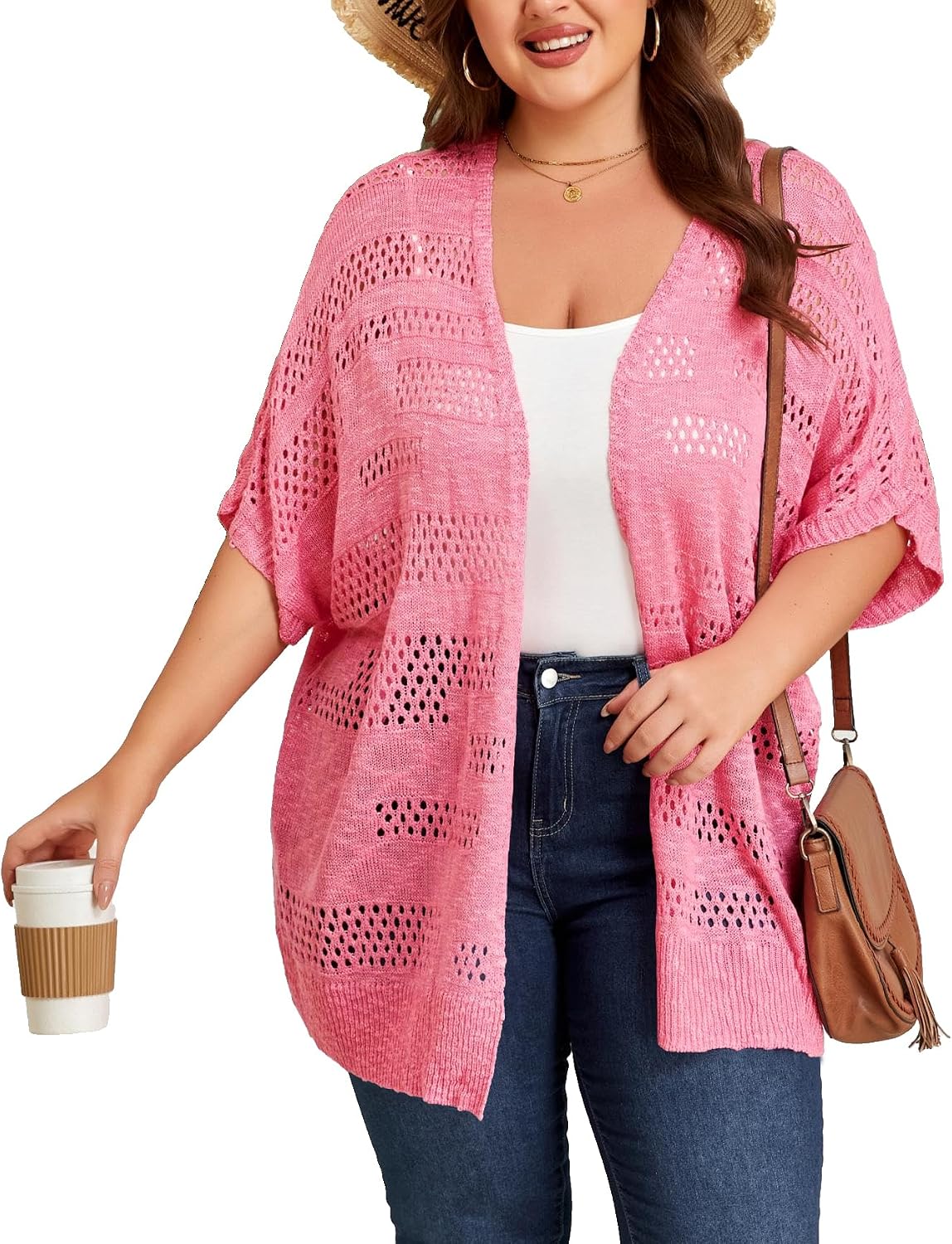 ForHailey Women's Plus Size Crochet Cardigan Kimonos Boho Short Sleeve Oversized Summer Open Front Knitted Sweater