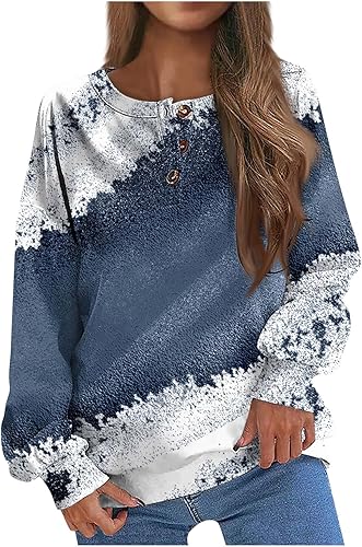 Long Sleeve Tops for Women Crewneck Color Block Tops Botton Down Sweatshirt Comfy Fashion Blouse Loose Fit Shirt